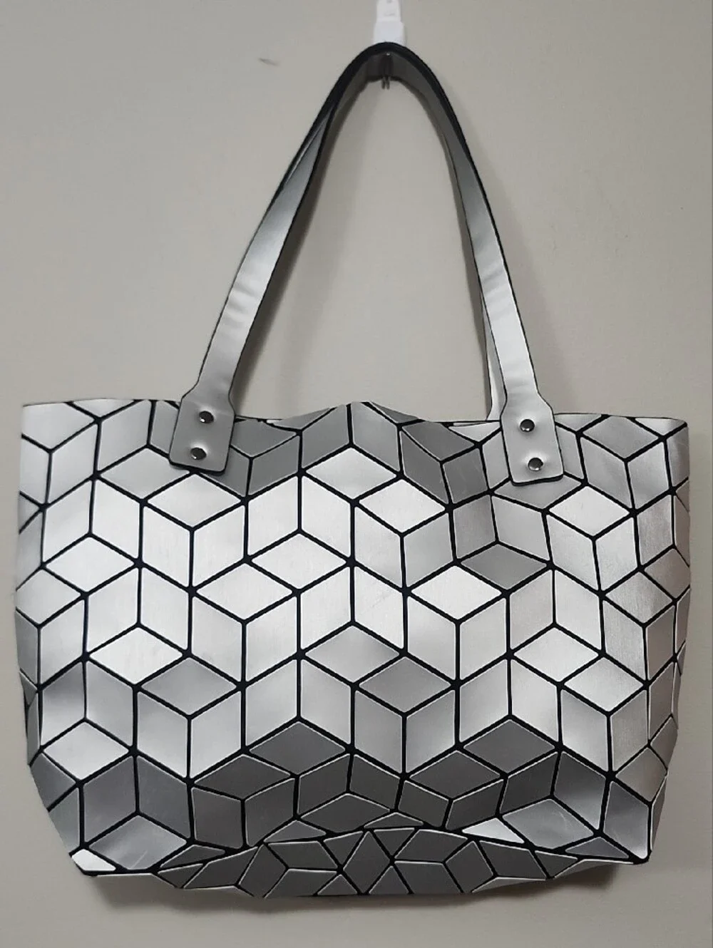 Emilio Pepe Matte Silver Geometric 3D Cube Tote Bag Holographic Furturistic Spac
